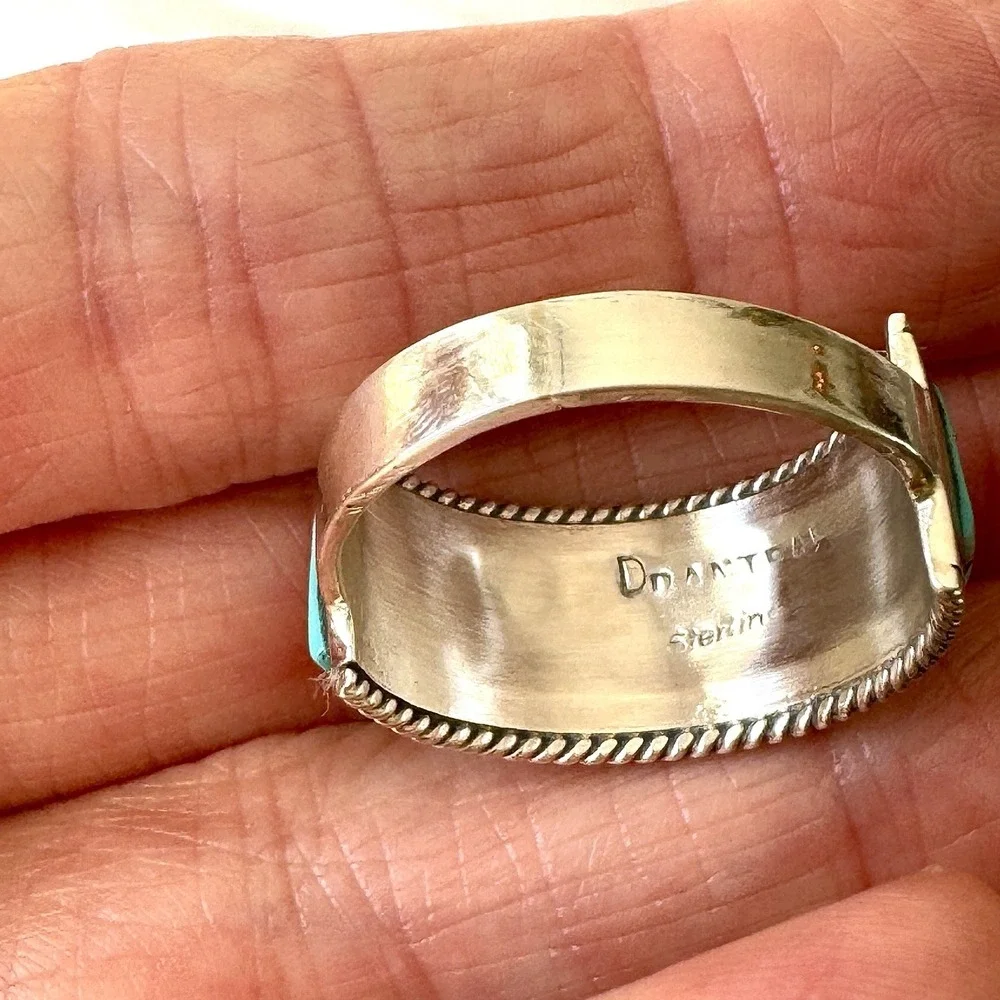 Mens Navajo Wedding Band 12 Ring Turquoise 12mm Inlay Signed Panteah Native Amer